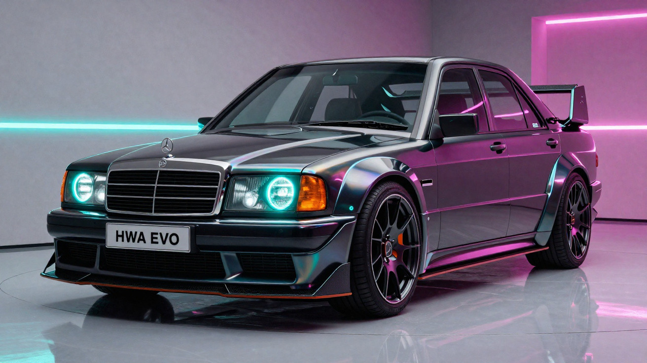 Carro esportivo Mercedes-Benz preto com faróis azuis, rodas pretas e spoiler traseiro em ambiente iluminado neon.