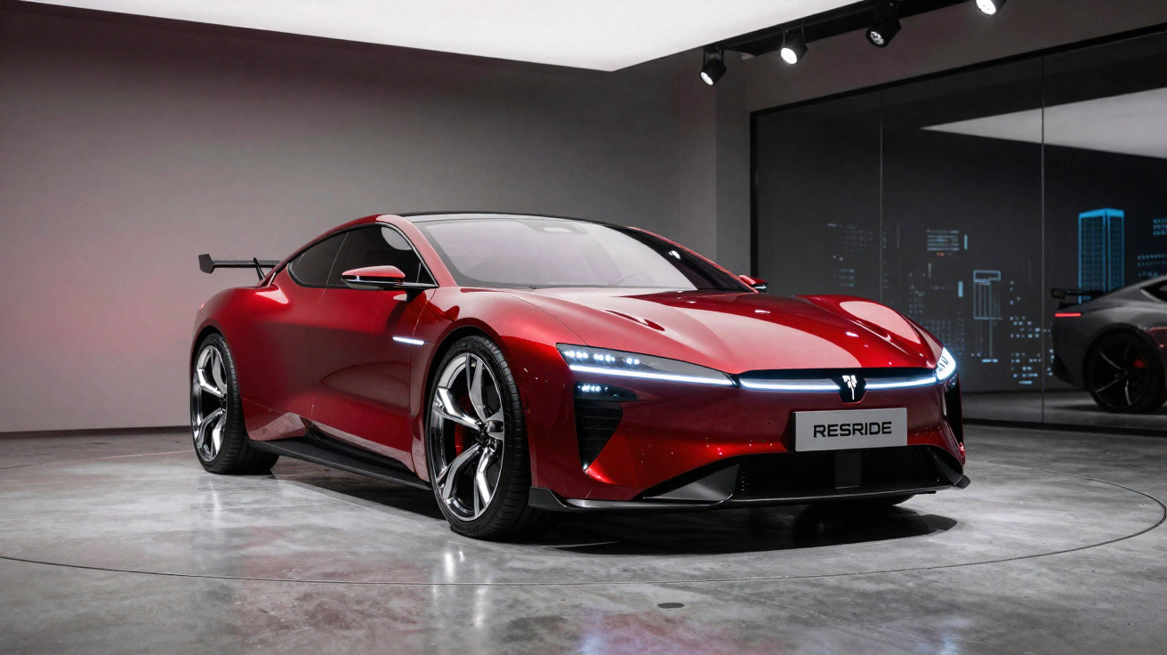 Carro esportivo elétrico vermelho modelo Resride exibido em ambiente interno com luz suave refletindo no piso.