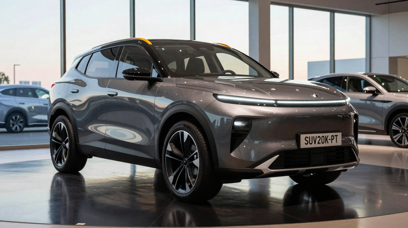 SUV elétrico cinza exposto em showroom moderno com janelas amplas ao fundo.