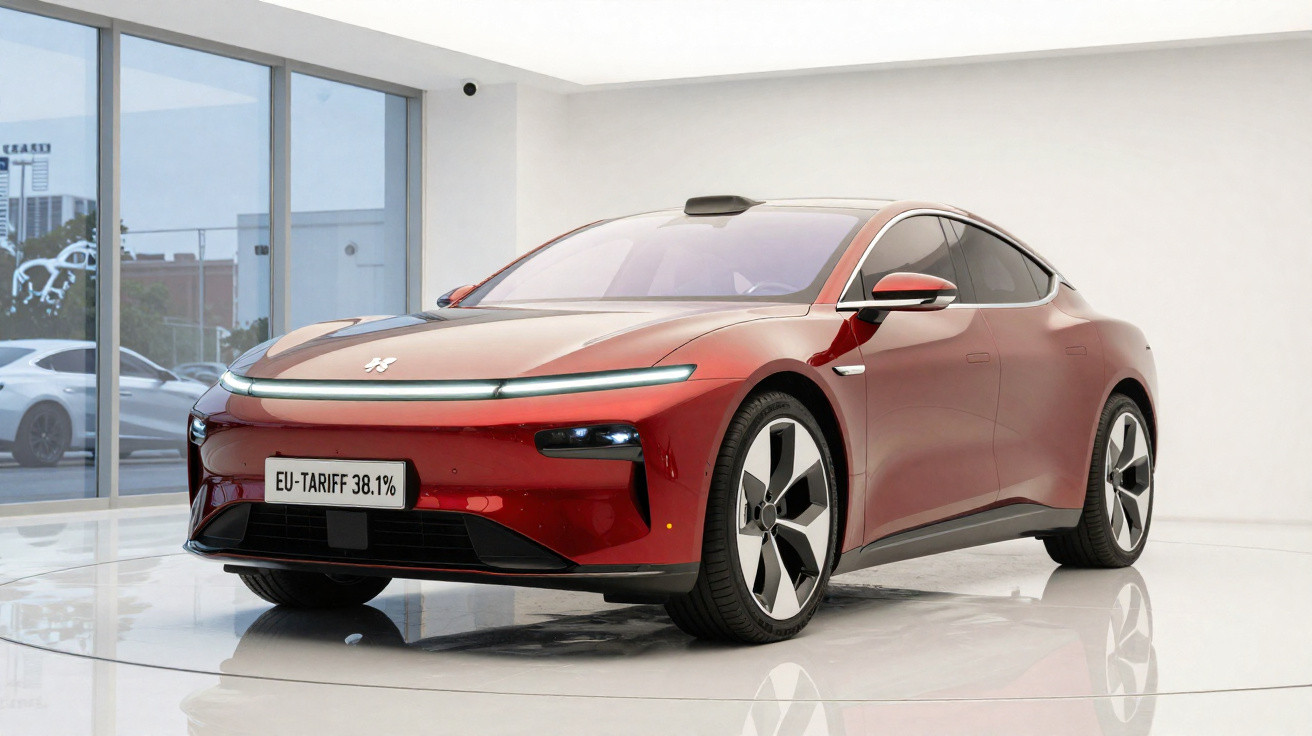 Carro elétrico vermelho parado em ambiente interno branco com janelas grandes ao fundo.