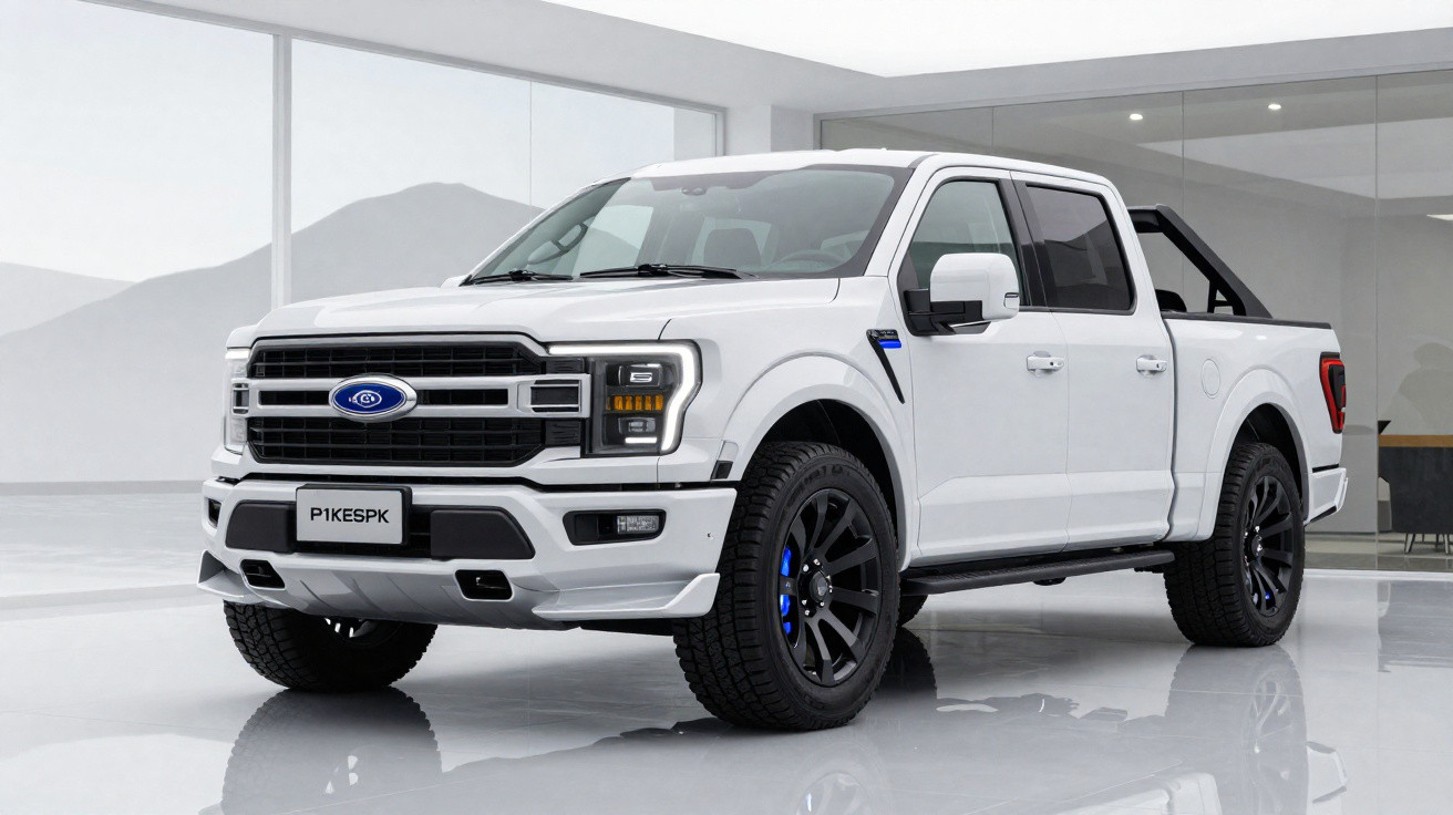 Picape branca Ford F-150 P1KESPK estacionada em ambiente interno moderno e iluminado.
