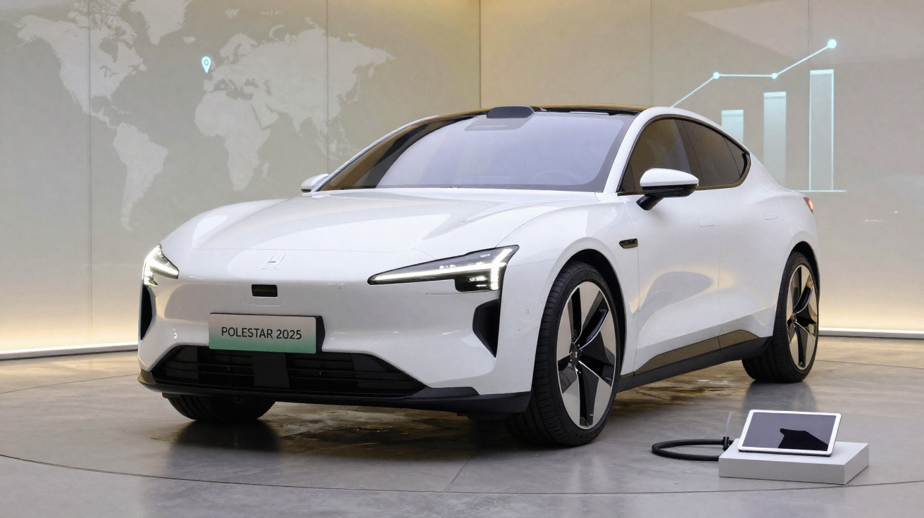 Carro elétrico branco Polestar 2025 em showroom moderno com carregador conectado.