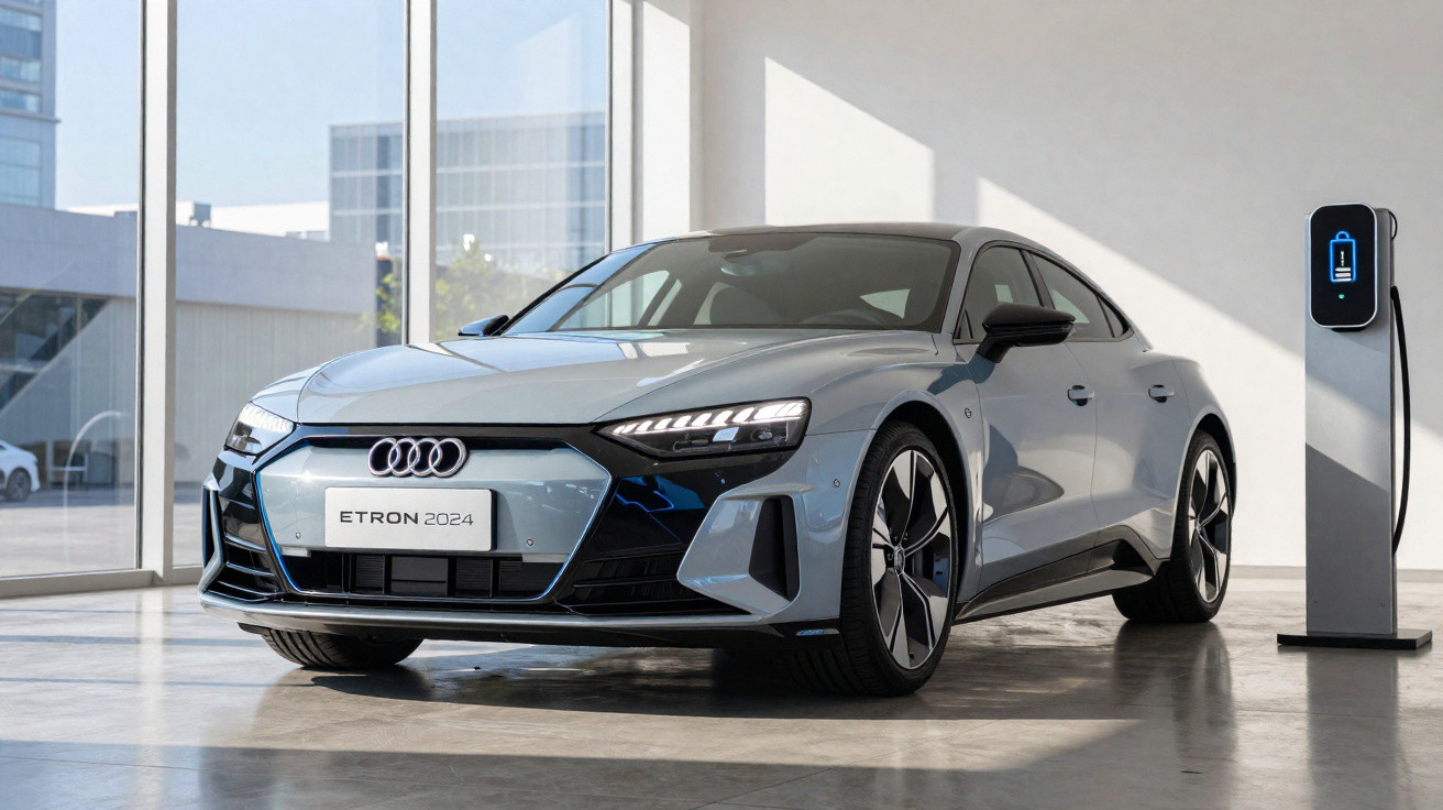 Carro elétrico Audi e-tron 2024 cinza estacionado em showroom moderno próximo a carregador.