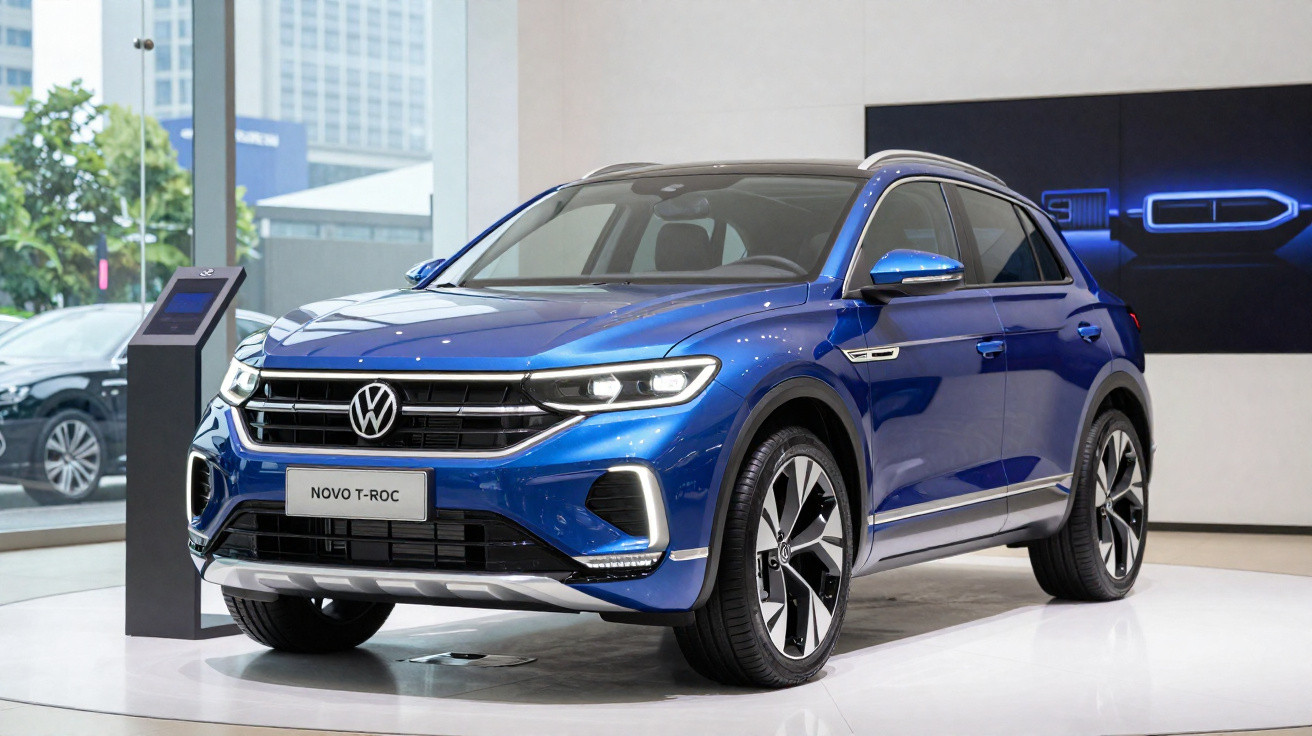 Carro azul Volkswagen Novo T-Roc exibido em showroom moderno com iluminação e vidro ao fundo.