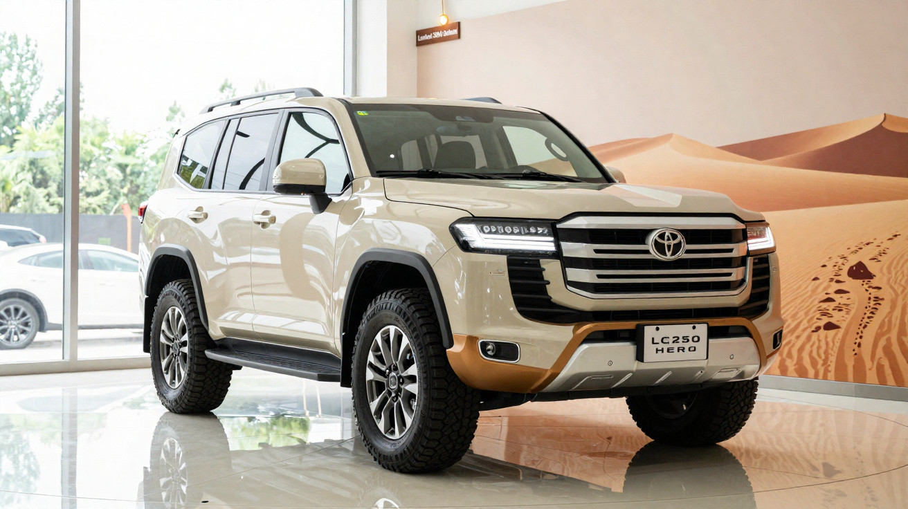 SUV Toyota Land Cruiser 250 Hero bege exibido em showroom com pneus off-road e detalhes em bronze.