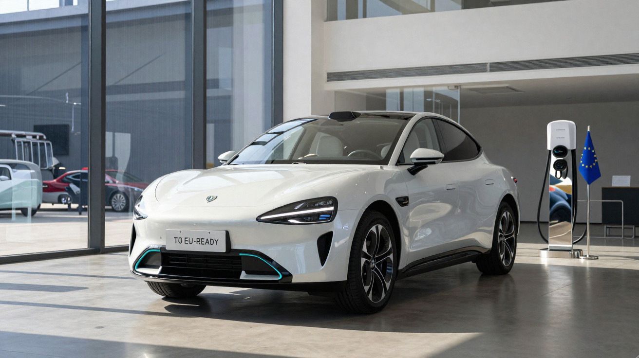 Carro elétrico branco estacionado em showroom com estação de recarga ao fundo e placa TO EU-READY.
