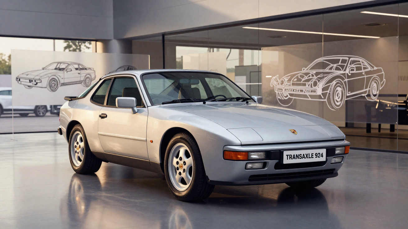 Carro esportivo Porsche Transaxle 924 prata exibido em showroom com desenhos do veículo ao fundo.
