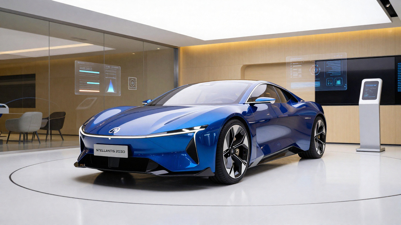 Carro esportivo azul futurista Stellantis 2030 em exposição dentro de showroom moderno e tecnológico.