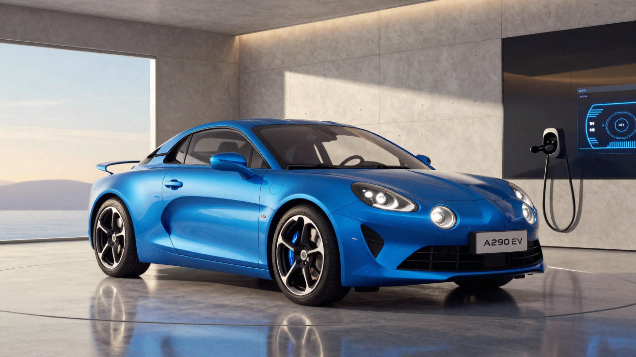 Carro esportivo azul elétrico Alpine A290 EV estacionado em ambiente moderno interno com carregador elétrico.