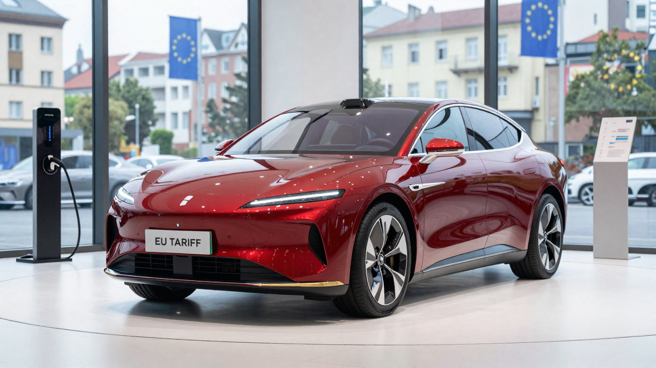 Carro elétrico vermelho EU Tariff em exposição com estação de carregamento ao lado em ambiente urbano.