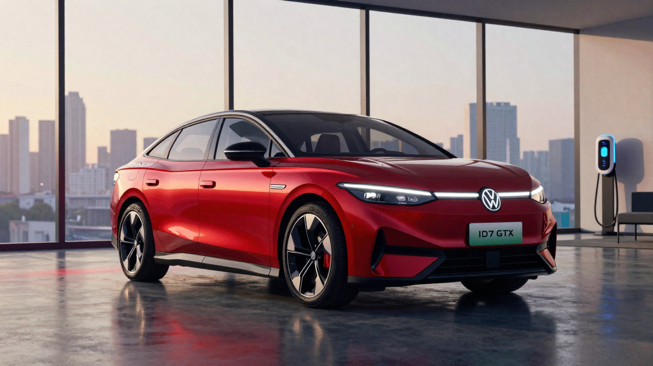 Carro elétrico vermelho Volkswagen ID.7 GTX estacionado em garagem com parede de vidro e carregador elétrico.