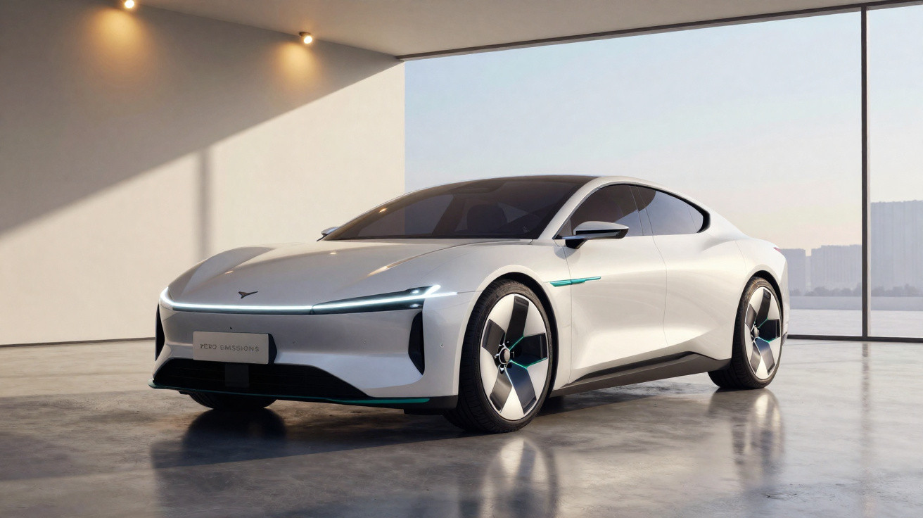 Carro elétrico branco com design futurista em ambiente interno iluminado com parede de vidro.