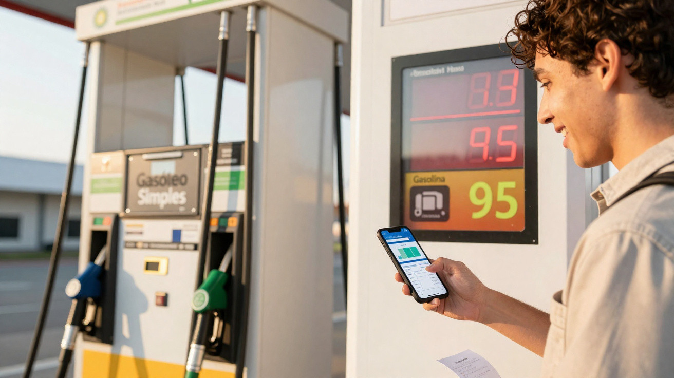 Homem sorrindo usa smartphone perto de bomba de combustível com preço da gasolina 95 em posto.