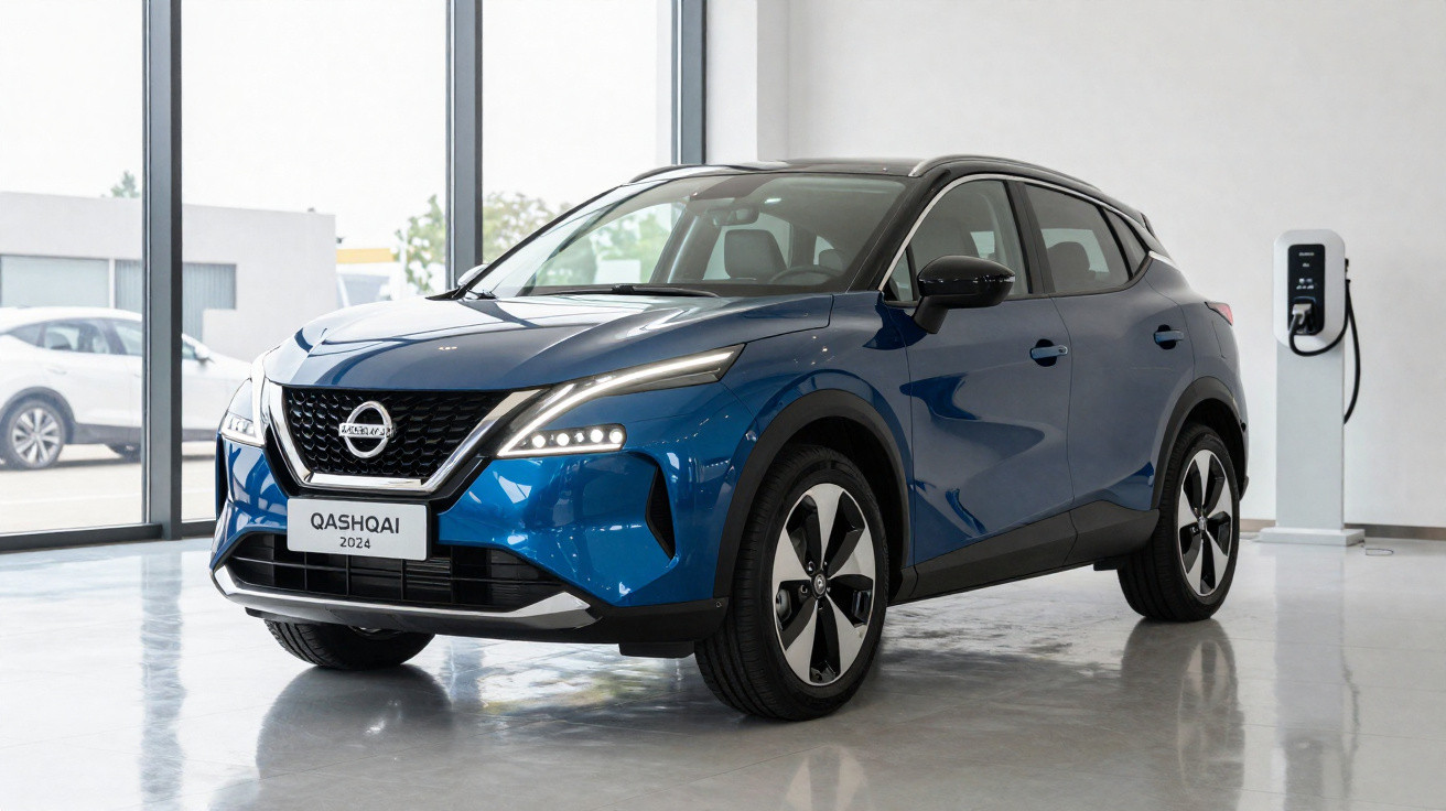 Carro Nissan Qashqai 2024 azul estacionado em showroom ao lado de carregador elétrico.