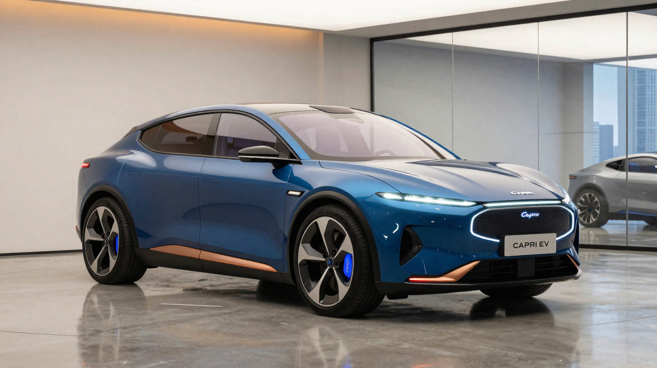 Carro elétrico azul metálico Caypa Caprlev em exibição dentro de showroom moderno com paredes de vidro.