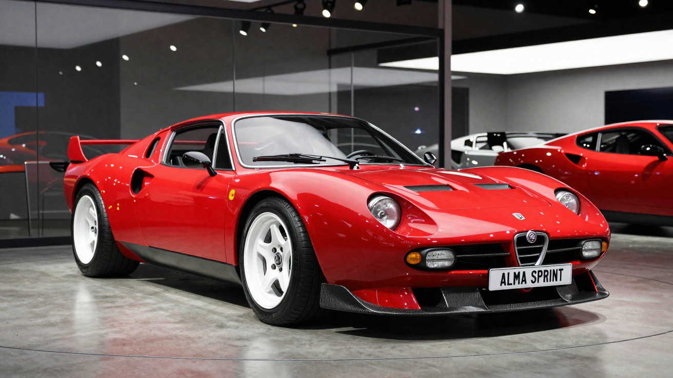 Carro esportivo vermelho Alfa Romeo Alma Sprint estacionado em exposição com rodas brancas.