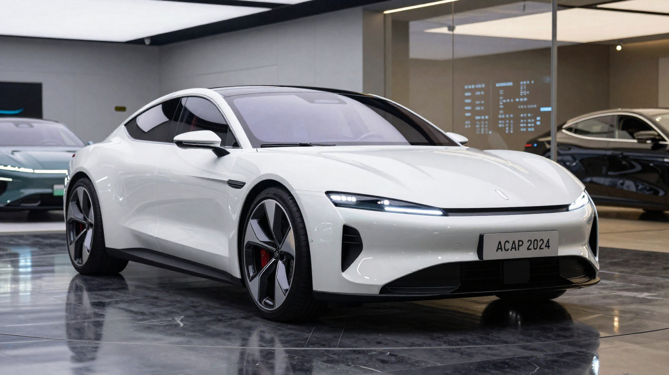 Carro esportivo elétrico branco com design moderno em showroom com piso espelhado e iluminação suave.