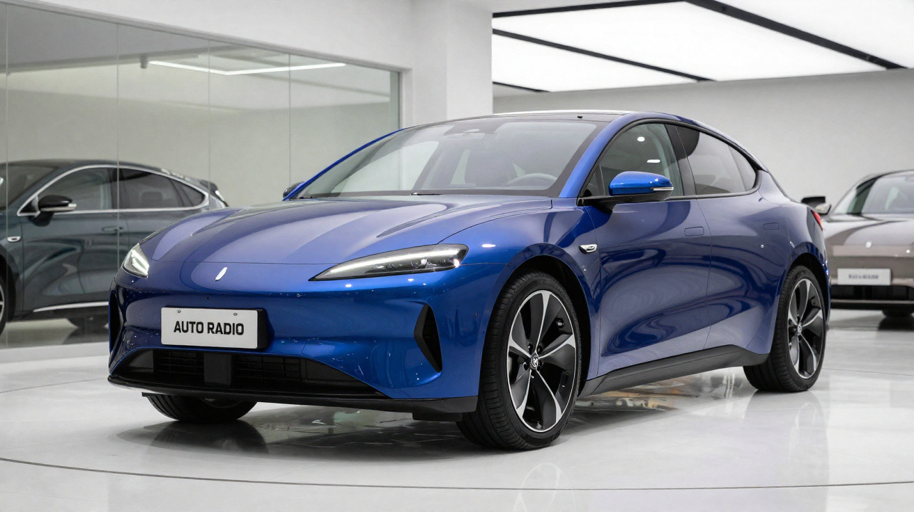 Carro elétrico azul exposto em showroom moderno com iluminação branca e piso brilhante.