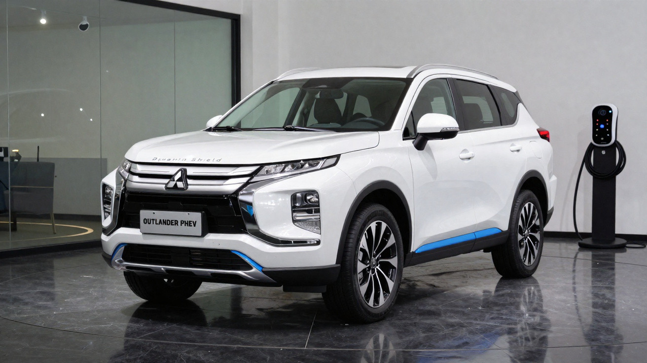 SUV branco Mitsubishi Outlander PHEV estacionado em showroom ao lado de carregador elétrico.