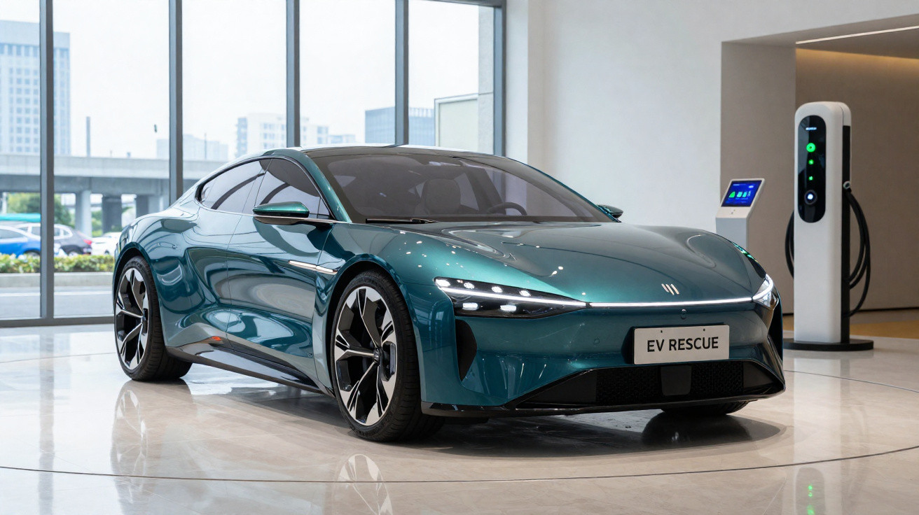 Carro elétrico esportivo azul metálico em exposição interna próximo a estação de carregamento.