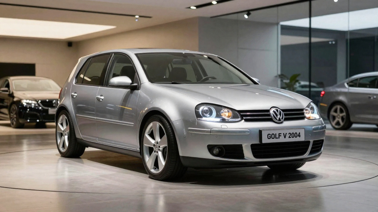 Carro Volkswagen Golf V prata ano 2004 em exposição em ambiente interno moderno.