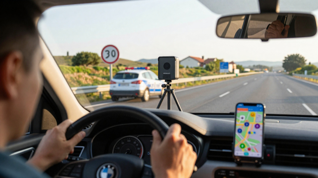 Pessoa dirigindo carro com câmera de radar na estrada e placa de limite de velocidade de 30 km/h.