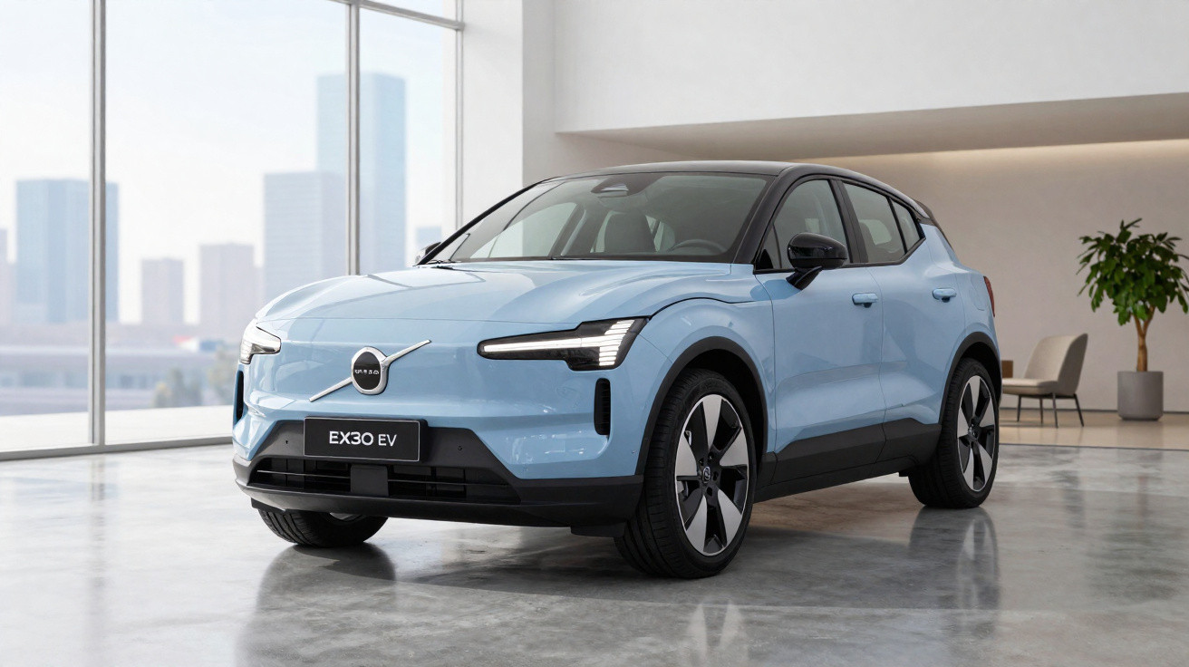 Carro elétrico Volvo EX30 EV azul claro em ambiente interno moderno com janelas amplas e planta.
