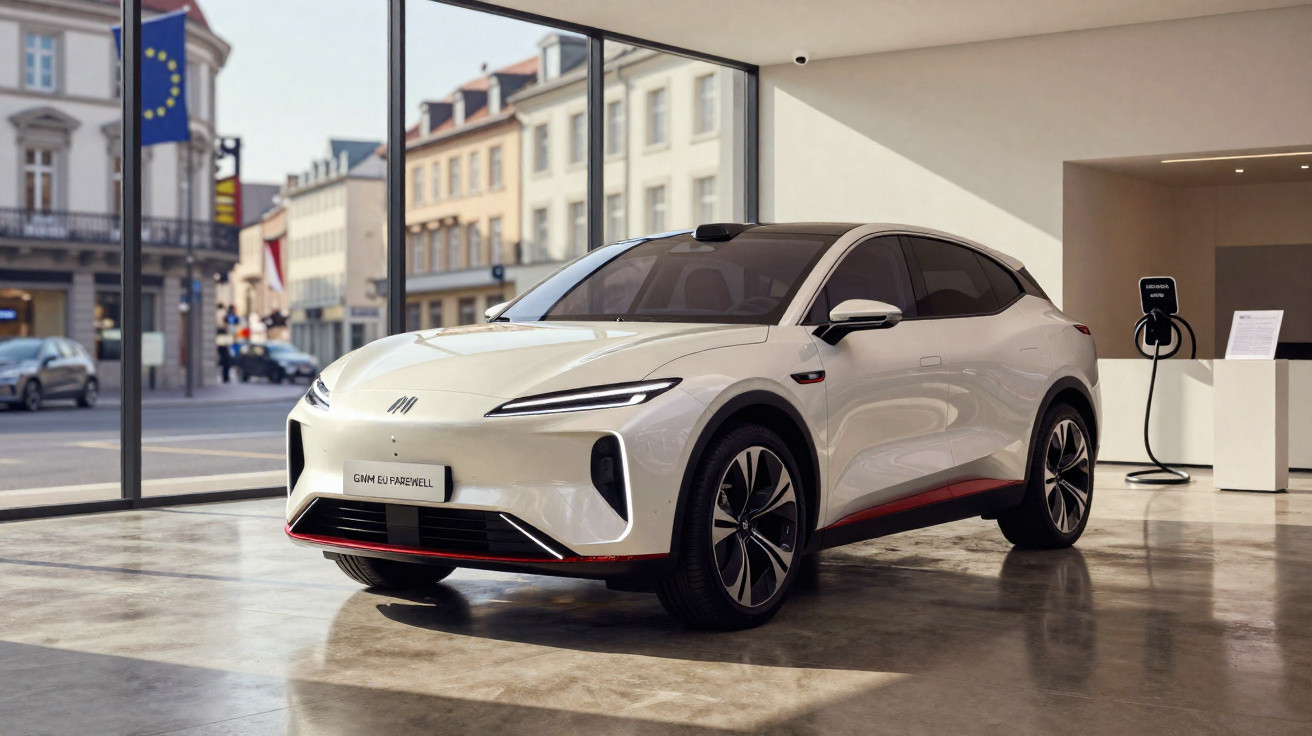 Carro elétrico branco em salão moderno com parede de vidro e estação de carregamento elétrica ao fundo.