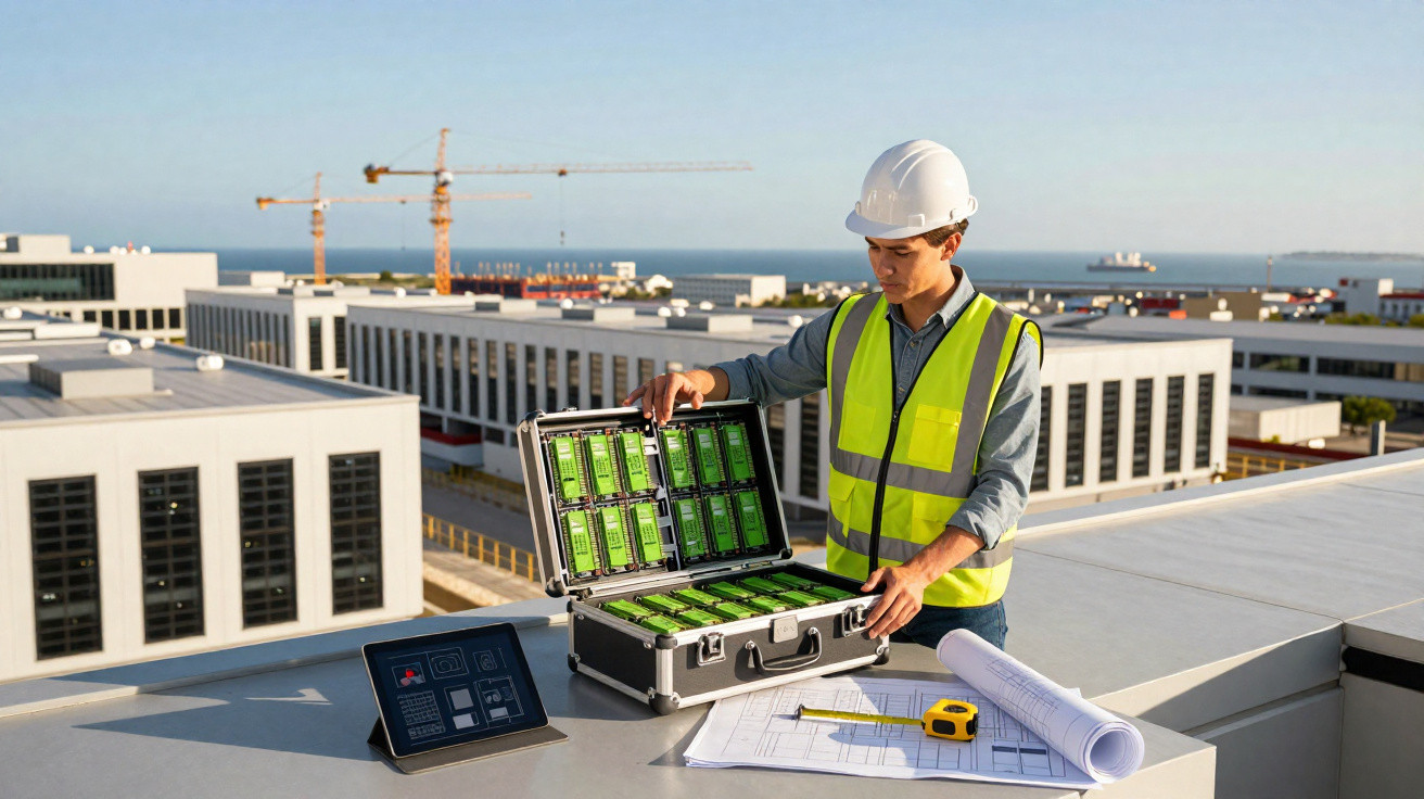 Engenheiro com colete e capacete abre maleta com equipamentos eletrônicos em canteiro de obra.