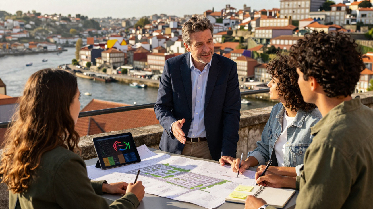 Equipe de trabalho discute projeto urbano ao ar livre com vista para cidade e rio ao fundo.