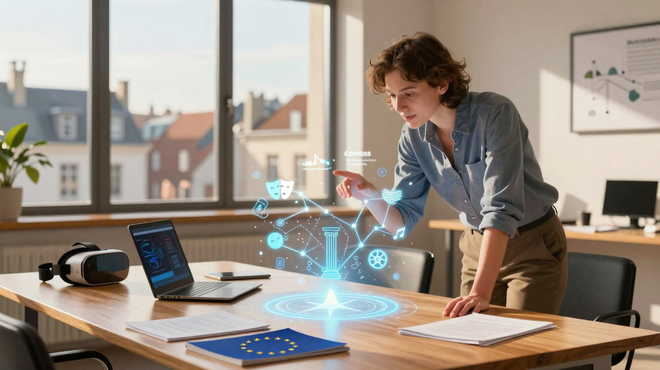 Mulher interagindo com holograma educativo em mesa com laptop e óculos de realidade virtual em escritório claro.