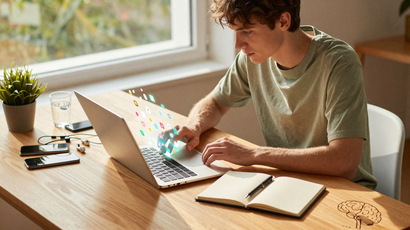 Jovem usando laptop com ícones flutuantes, notebook aberto e plantas em mesa perto da janela.