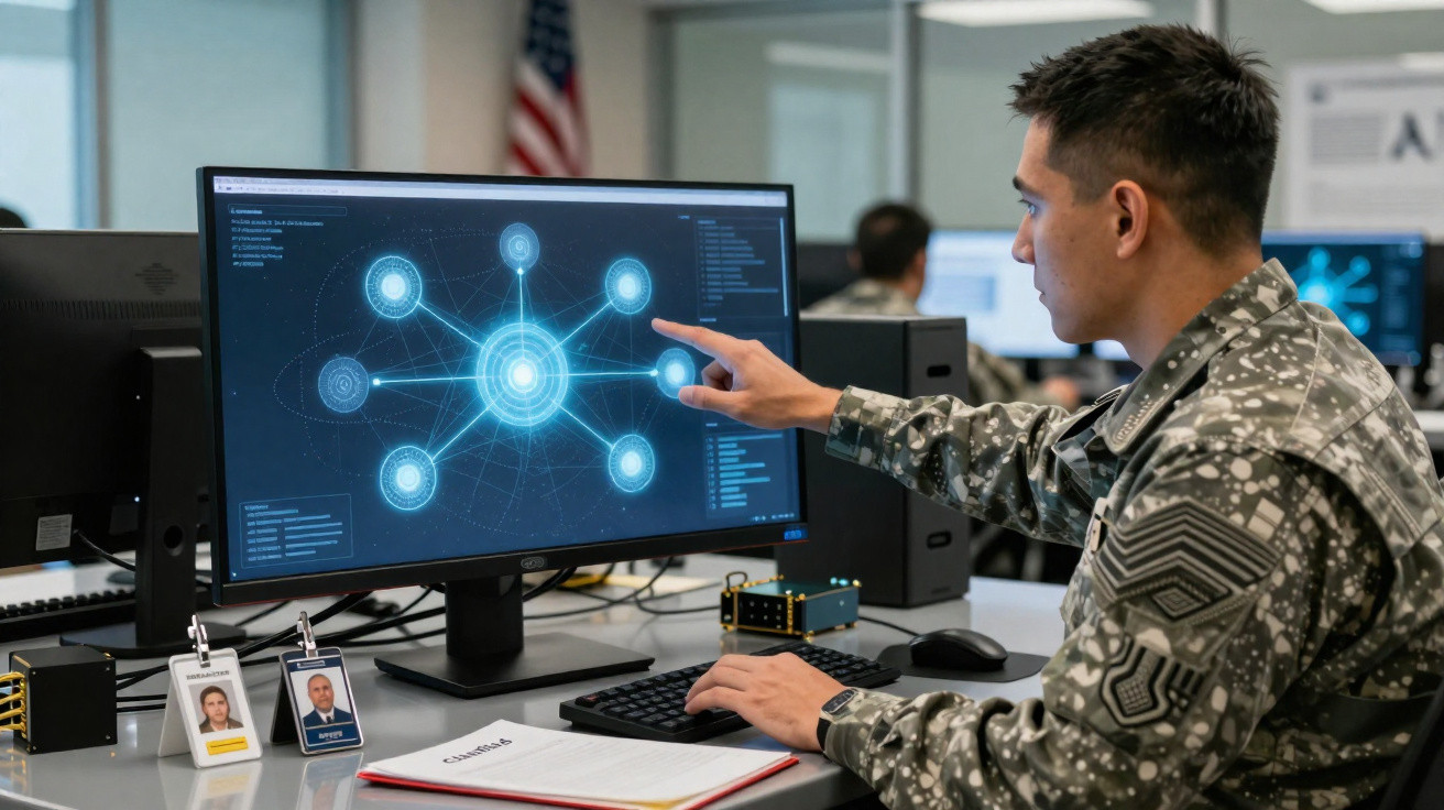 Homem em uniforme militar analisa gráficos digitais em tela de computador em ambiente de escritório.