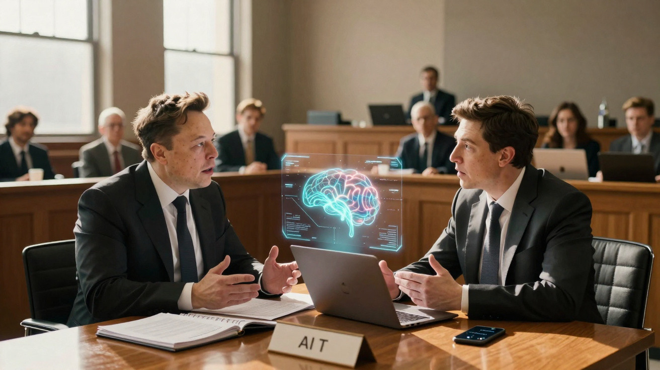 Homens em terno discutindo inteligência artificial com holograma de cérebro em sala de audiência.