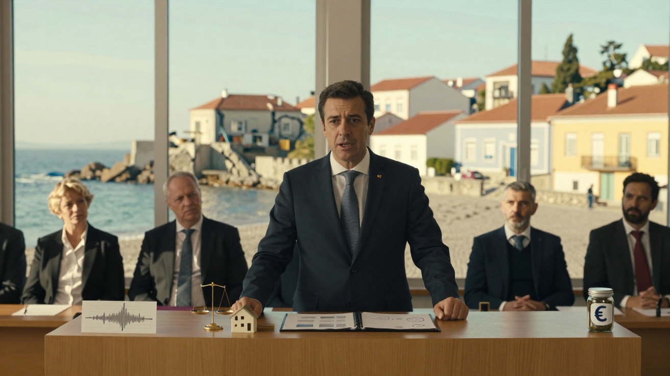Homem de terno falando em reunião formal com painel transparente mostrando cidade e mar ao fundo.