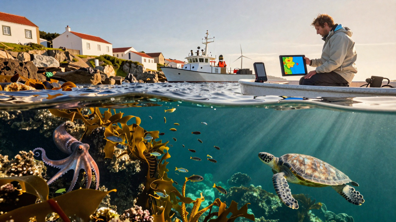 Homem em barco monitorando ecossistema marinho com polvo, tartaruga e vegetação subaquática em área costeira.