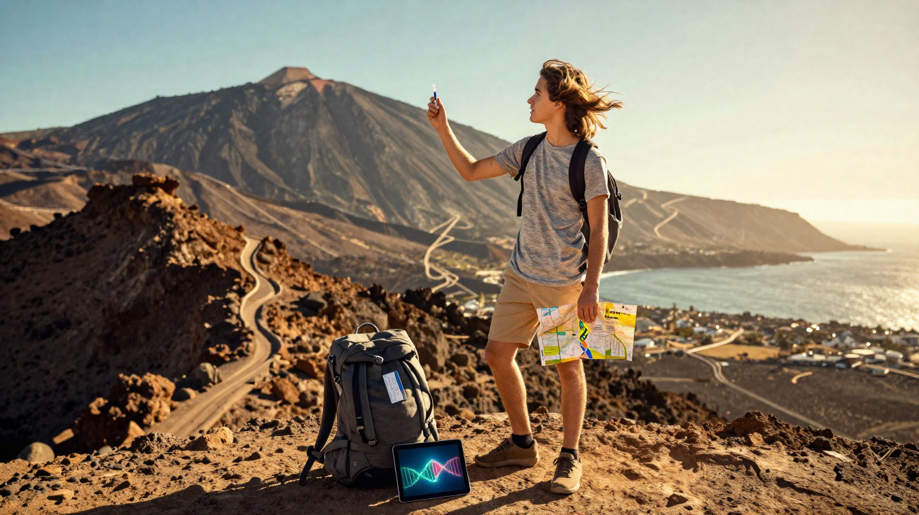 Jovem em trilha com mochila e mapa, tirando foto com celular em área montanhosa perto do mar.