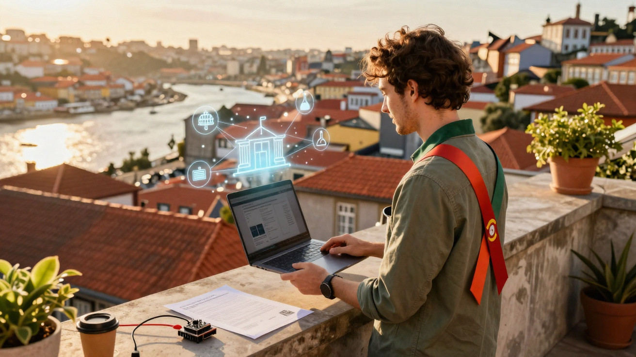 Jovem usando laptop em varanda com vista para cidade, trabalhando em projeto digital de arquitetura.