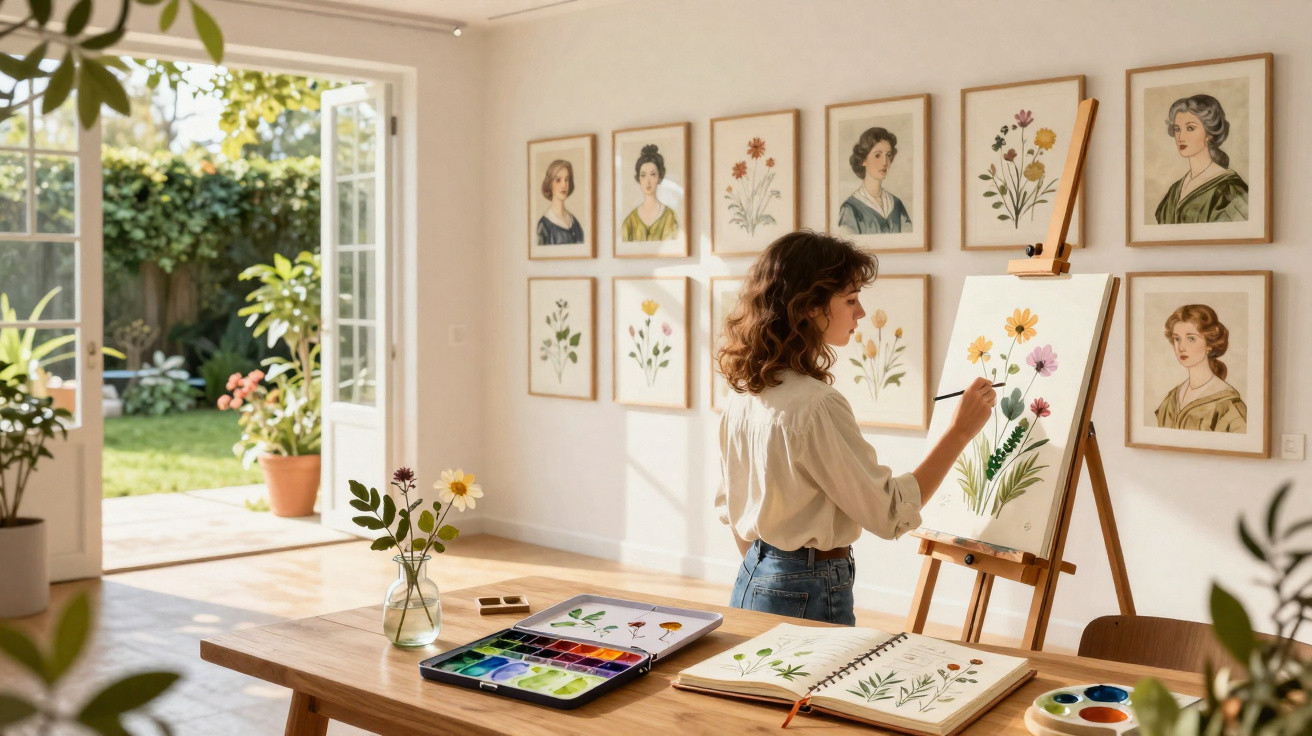 Mulher pintando flores em tela em estúdio com quadros de retratos e plantas ao fundo.