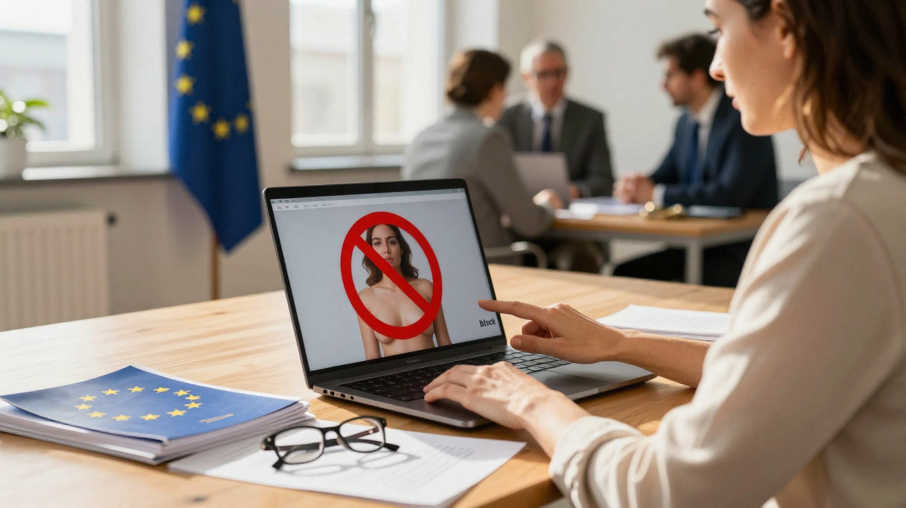 Pessoa acessando site com imagem de mulher com círculo vermelho de proibição, bandeira da União Europeia ao fundo.