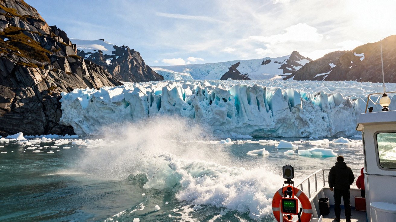 Barco com pessoas observando glaciar e montanhas rochosas em dia ensolarado.