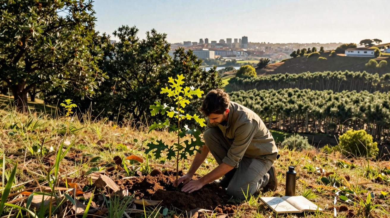 Homem plantando árvore em área com vista para cidade e colinas arborizadas ao fundo.