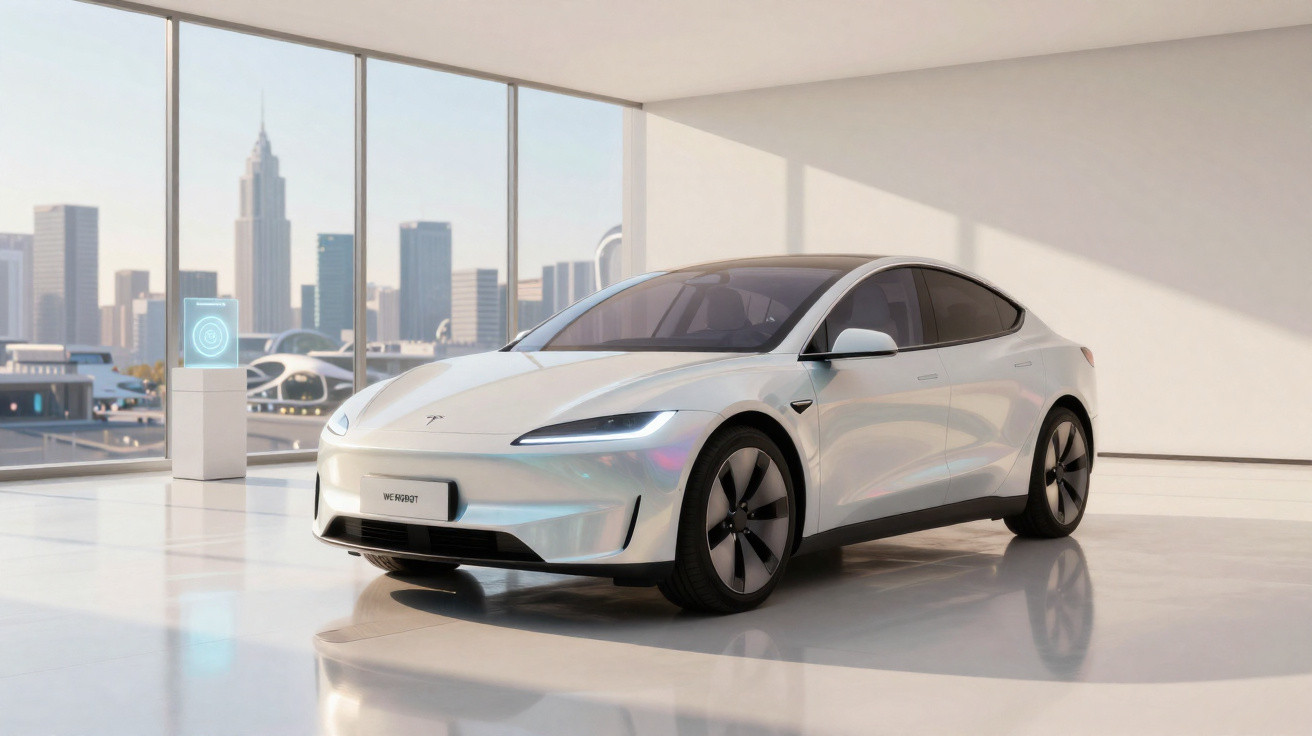 Carro elétrico branco em ambiente moderno com grandes janelas e vista para cidade com arranha-céus.
