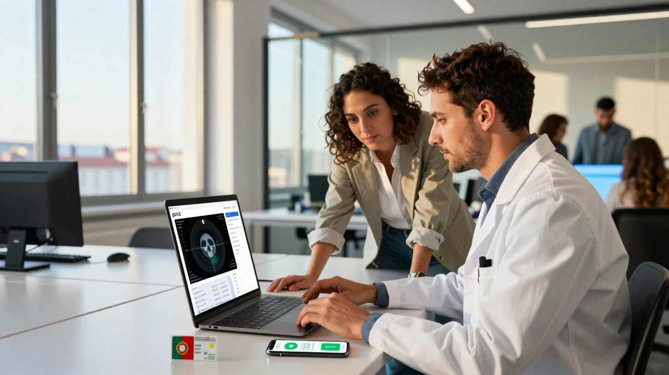 Homem de jaleco branco e mulher observam dados médicos em laptop no escritório moderno.