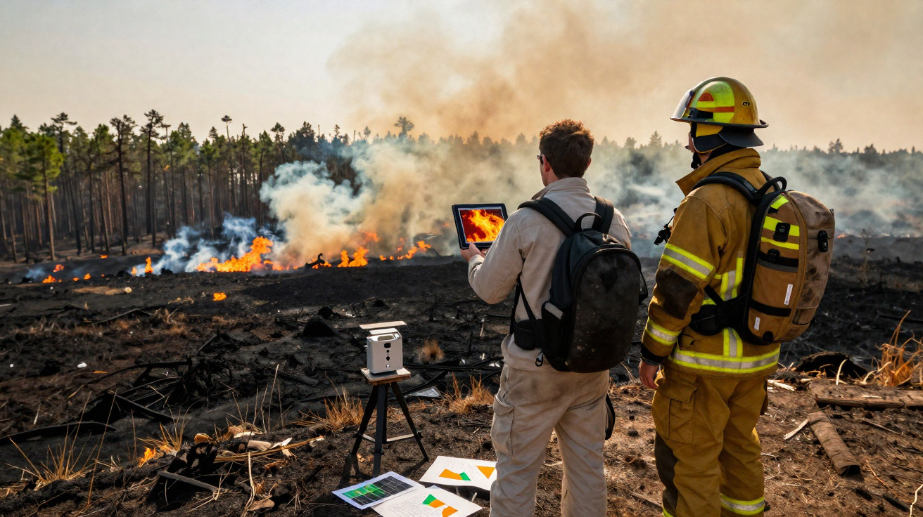 Dois homens observam incêndio florestal, um com tablet e o outro com uniforme de bombeiro, área queimada ao fundo.
