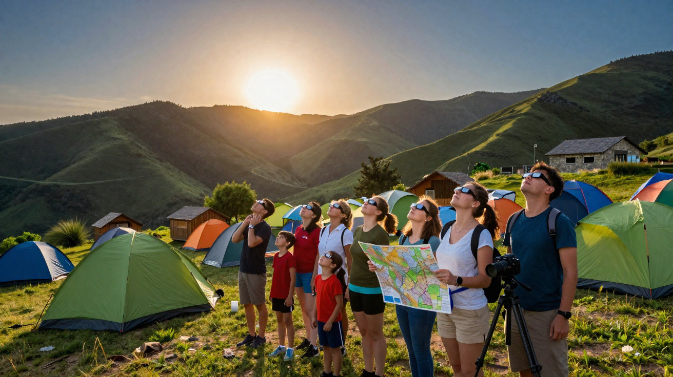 Grupo de pessoas em acampamento observando o céu durante eclipse solar, com montanhas ao fundo.