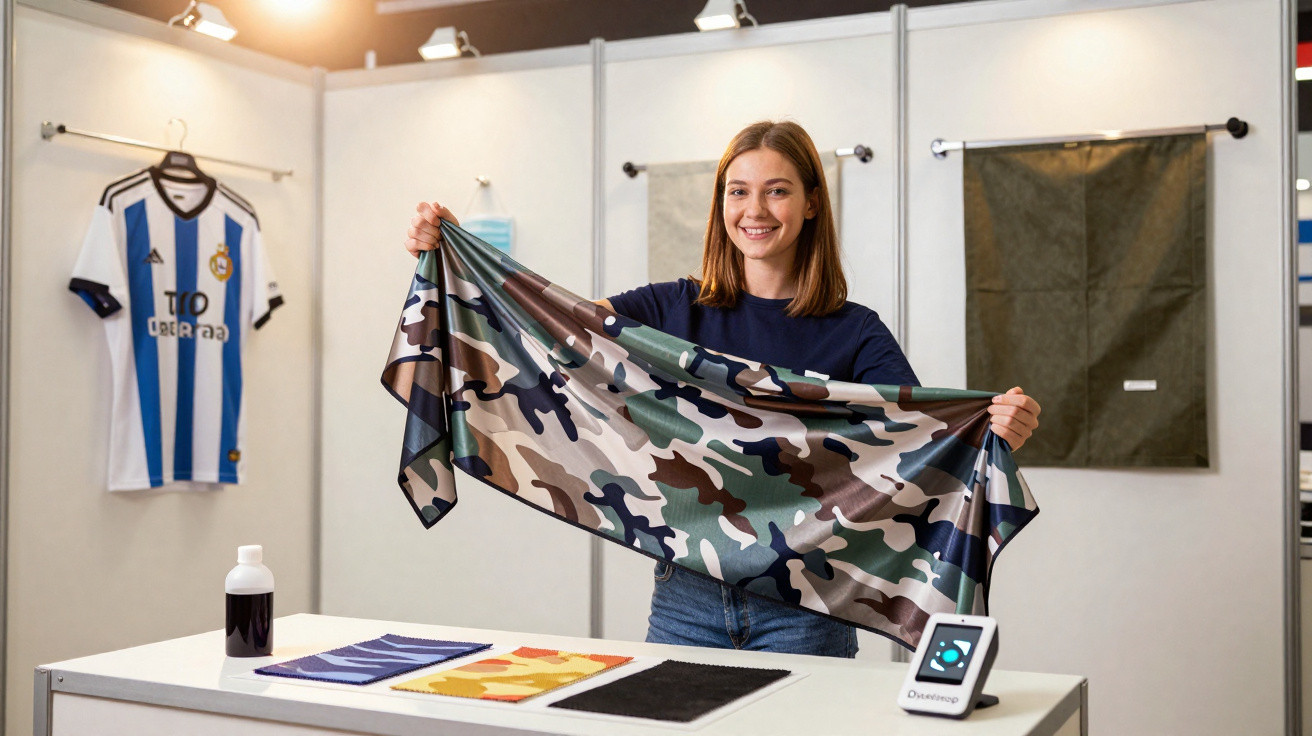 Mulher sorridente segurando tecido camuflado em estande com amostras e camisa pendurada ao fundo.