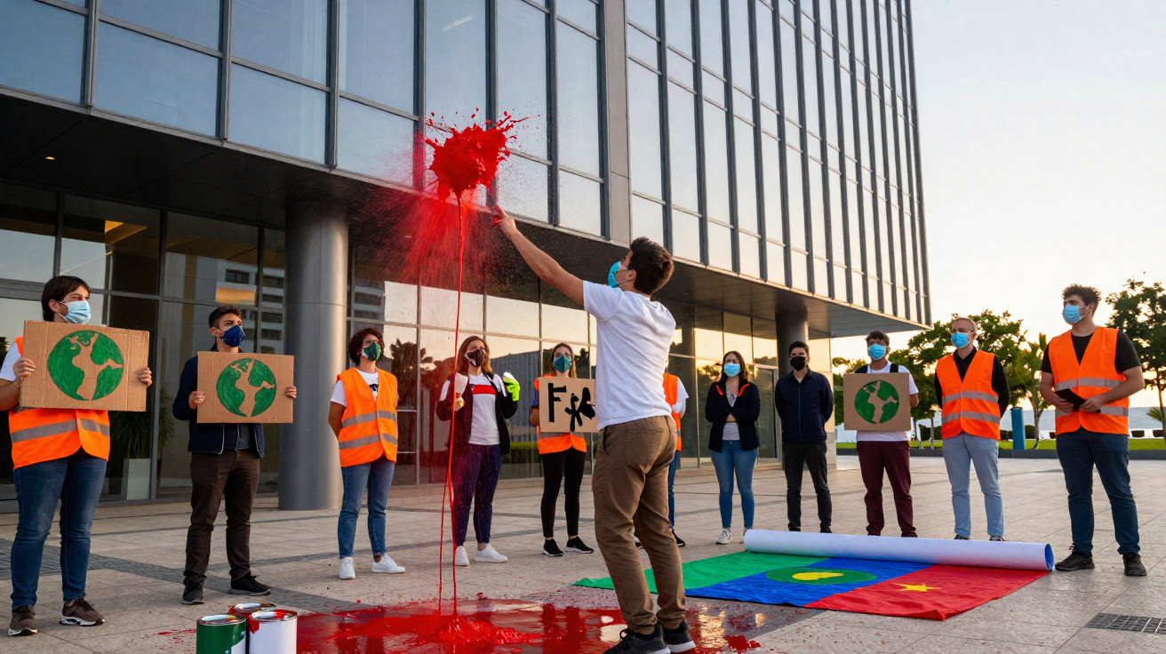 Manifestantes com máscaras e coletes laranjas em protesto ambiental lançam tinta vermelha na frente de prédio espelhado.