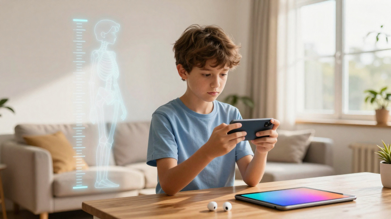Menino sentado à mesa usando celular com holograma de esqueleto e régua de altura ao lado.