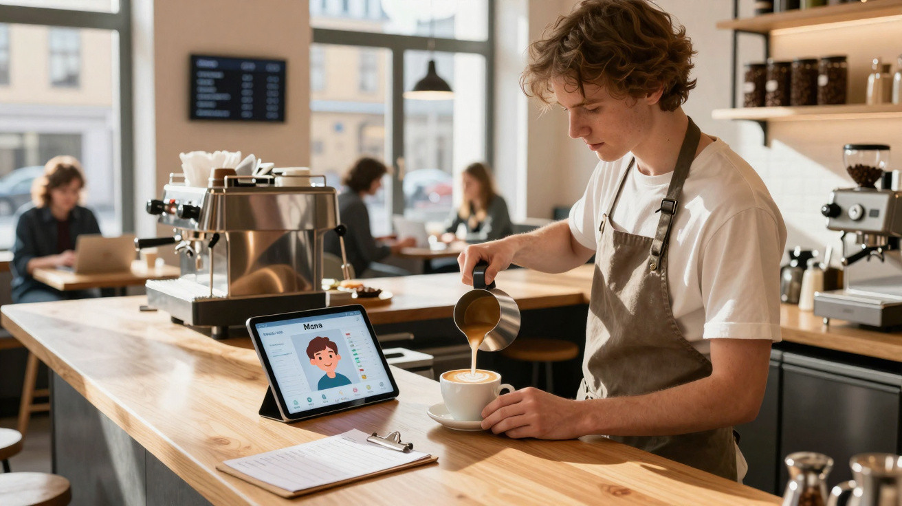 Barista preparando café com leite em cafeteria moderna com clientes ao fundo.